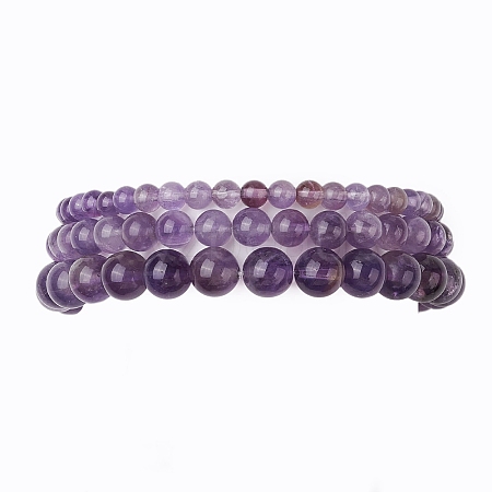 3Pcs Round Natural Amethyst Beads Stretch Bracelets Sets for Women BJEW-JB10960-1