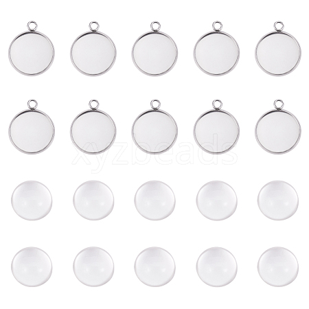 304 Stainless Steel Pendant Cabochon Settings and Clear Half Round Glass Cabochon STAS-X0017-12P-16mm-1