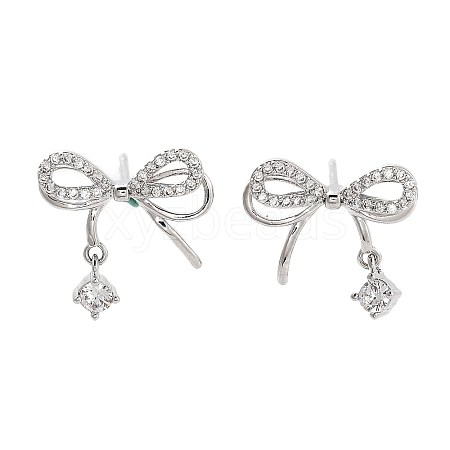 Bowknot Brass Micro Pave Clear Cubic Zirconia Stud Earrings EJEW-L293-001P-1