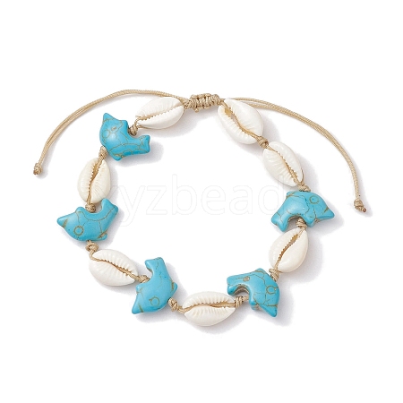 Natural Mixed Cowrie Shell with Synthetic Turquoise Beaded Anklets AJEW-AN00596-03-1