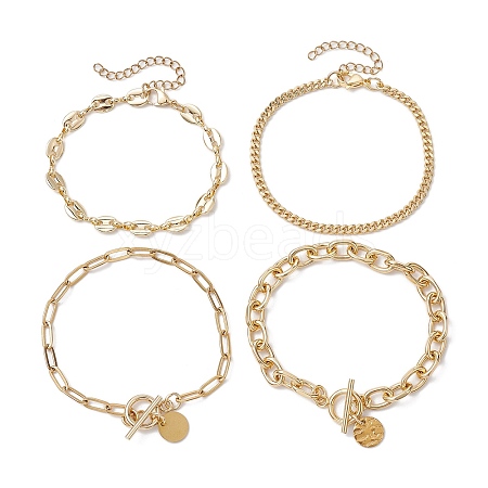 4Pcs 4 Styles 304 Stainless Steel & Brass Chain Bracelets BJEW-JB11022-1