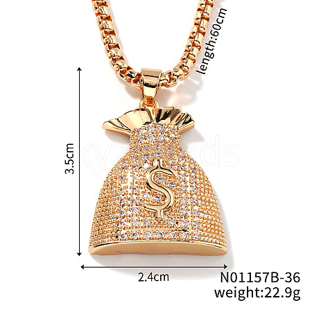 Shiny Hip-hop Style Brass Crystal Rhinestone Dollar Money Bag Pendant Box Chain Necklaces EW6640-2-1