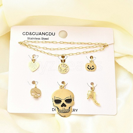 304 Stainless Steel Enamel Shoes Skull Heart Pumpkin Pendant & Necklaces & Bracelets Sets SJEW-Q002-01G-1