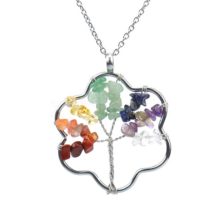 Natural Mixed Stone Chips Beaded Flower with Tree Pendant Necklaces PW-WG84484-01-1