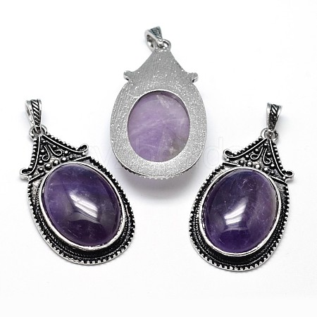 Oval Antique Silver Zinc Alloy Natural Amethyst Big Pendants G-F228-27B-FF-1