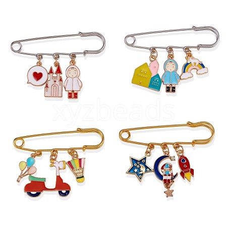 4Pcs 4 Style Castle & Girl & Planet & Motorbike Enamel Charms Safety Pins Brooches JX120A-1