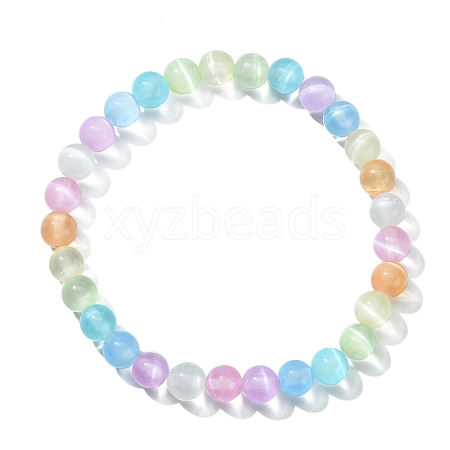 Dyed Natural Selenite Round Beaded Stretch Bracelet BJEW-JB09581-1