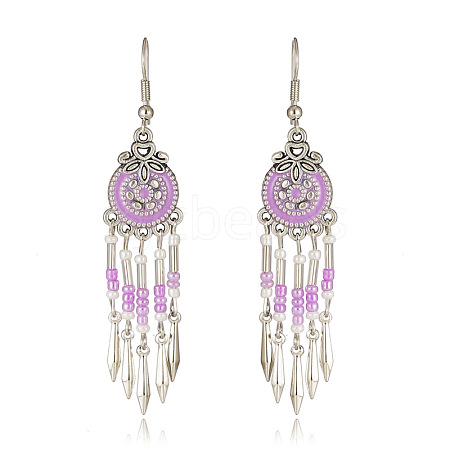 Bohemian Style Alloy Enamel Flat Round Tassel Chandelier Earrings FS-WG14215-09-1