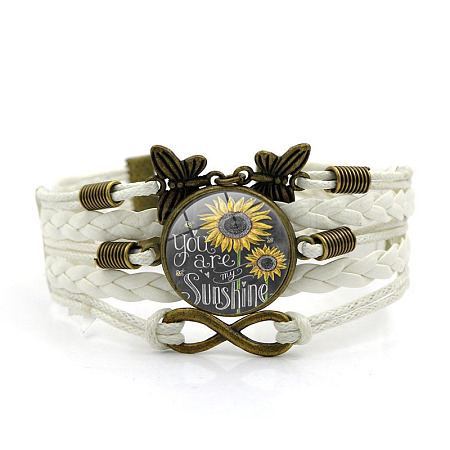 You Are My Sunshine Theme Flat Round with Sunflower Leather Cord Multi Strand Bracelets WGB8E71-02-1