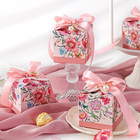 Flower Printed Paper Candy Gift Packaging Boxes with Ribbon PW-WG9702E-02-1