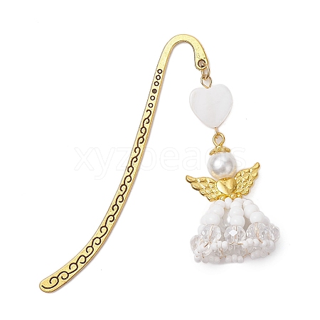 Heart Angel Glass Seed & Plastic Pearl Pendant Bookmark AJEW-MZ00002-01-1