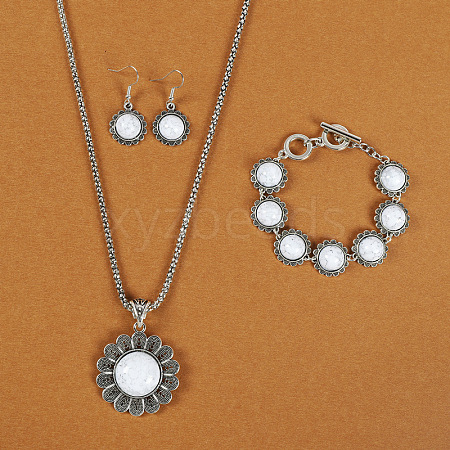 Flower Alloy with Synthetic Turquoise Pendant Necklaces & Dangle Earrings & Link Bracelets Sets WGD1135-19-1