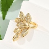 Leaf Brass Micro Pave Clear Cubic Zirconia Open Cuff Rings for Women RJEW-G343-27G-3