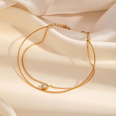 304 Stainless Steel Pave Clear Cubic Zirconia Flat Round Charm 2-Strand Bracelets for Women WG29A81-01-1