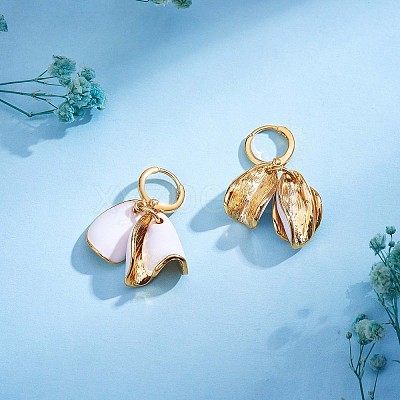 White Enamel Lilies Flower Dangle Hoop Earrings JE970A-1