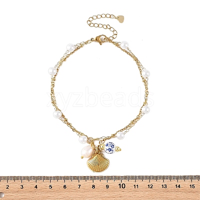 Ocean 304 Stainless Steel Sea Animals & Handmade Flower Printed Porcelain Ceramic Charm Anklets AJEW-AN00866-1