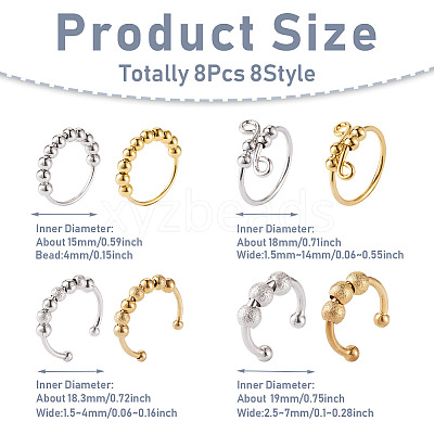 8Pcs 8 Style Brass Rotating Beaded Cuff Rings RJEW-SW0001-01-1