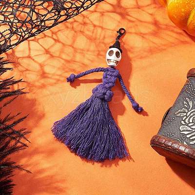 Halloween Cotton Threads Tassel & Synthetic Turquoise Skull Pendant Decorations HJEW-JM03757-02-1