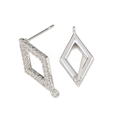 Brass Micro Pave Clear Cubic Zirconia Rhombus Stud Earring Findings KK-Z133-02P-03-1