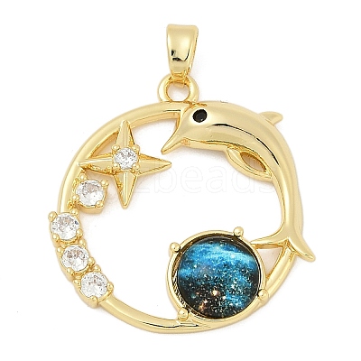 Brass Micro Pave Clear Cubic Zirconia with Glass Pendants KK-G524-01G-01-1