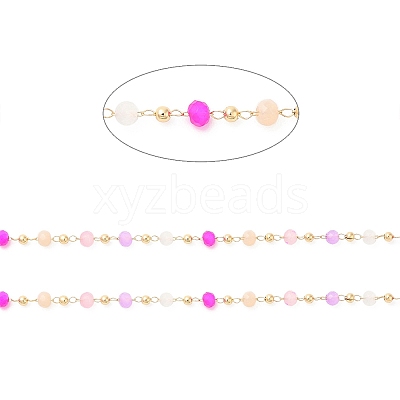 Faceted Rondelle Glass & Round 304 Stainless Steel Beaded Chains CHS-G026-01KCG-01-1
