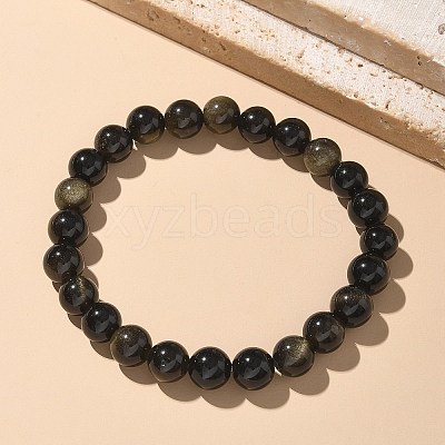 Natural Golden Sheen Obsidian Bead Stretch Bracelets X-BJEW-K212-B-020-1