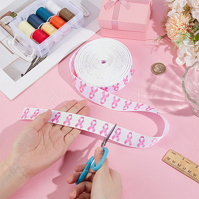25 Yards Polyester Pink Breast Cancer Awareness Printed Grosgrain Ribbon OCOR-PH0005-34-1