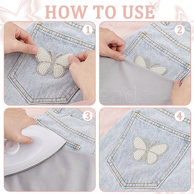 10Pcs Butterfly Rhinestone with Plastic Pearl Cloth Patches PATC-PH0001-20-1