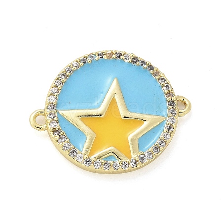 Brass Micro Pave Clear Cubic Zirconia Flat Round with Star Connector Charms KK-Z095-02G-1