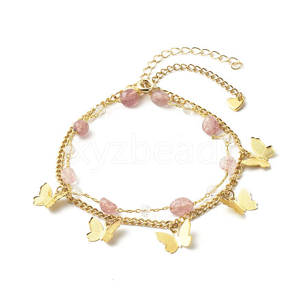 Natural Strawberry Quartz Beads Anklets Set for Girl Women AJEW-AN00450-03-1