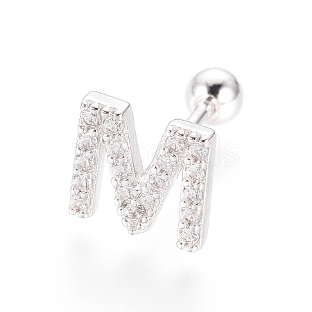 Rhodium Plated 925 Sterling Silver Micro Pave Clear Cubic Zirconia Letter Barbell Cartilage Earrings STER-I018-13P-M-1