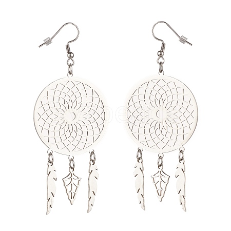 304 Stainless Steel Woven Net with Feather Dangle Earrings for Women EJEW-JE05005-1
