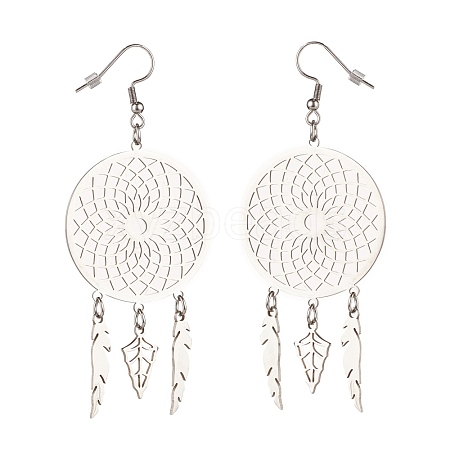 Tarnish Resistant 304 Stainless Steel Woven Net with Feather Dangle Earrings for Women EJEW-JE05005-1