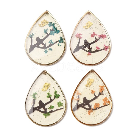 Brass & Transparent Epoxy Resin & Dried Flower Pendants RESI-G133-03G-1