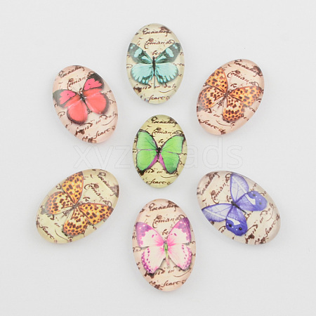 Butterfly Pattern Printed Glass Cabochons GGLA-R019-30x20mm-M3-1