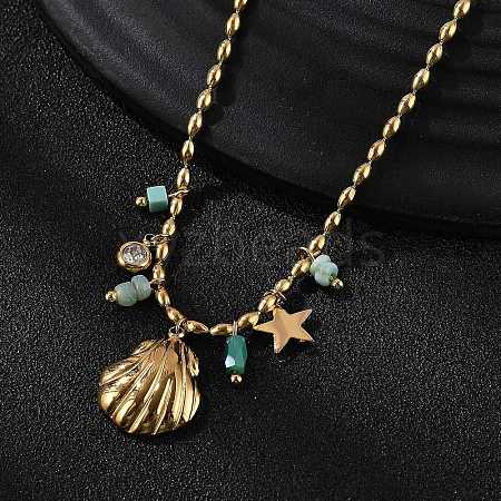 Beach 304 Stainless Steel Rhinestone & Glass Shell Shaped Pendant Necklaces for Women NJEW-Z061-08G-1