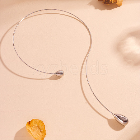 304 Stainless Steel Teardrop Pendant Open Cuff Necklaces for Women NJEW-R003-02P-02-1