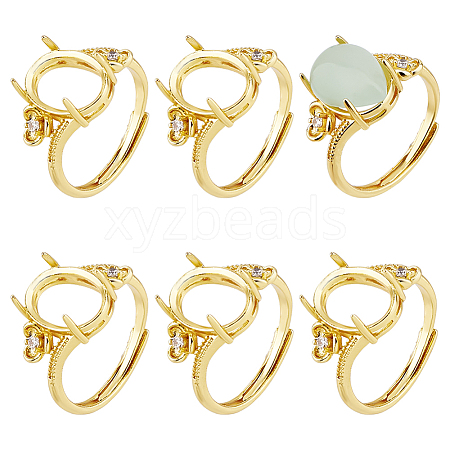 6Pcs Rack Plating Oval Brass Micro Pave Cubic Zirconia Adjustable Solitaire Ring Components KK-DC0005-11-1