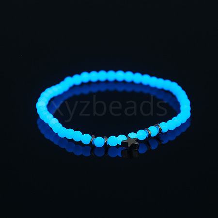 Luminous Acrylic Beaded Stretch Bracelet with Alloy Star LUMI-PW0001-100P-1
