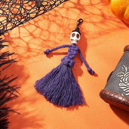 Halloween Cotton Threads Tassel & Synthetic Turquoise Skull Pendant Decorations HJEW-JM03757-02-1