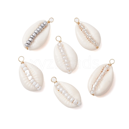 6Pcs 6 Styles Natural Cowrie Shell & Glass Seed Beads Pendants PALLOY-JF02759-06-1