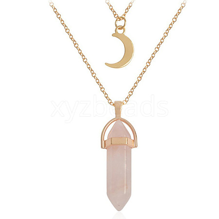 Natural Rose Quartz Double Terminated Pointed Bullet & Moon Alloy Pendant Double Layer Necklaces for Women WGAD714-08-1