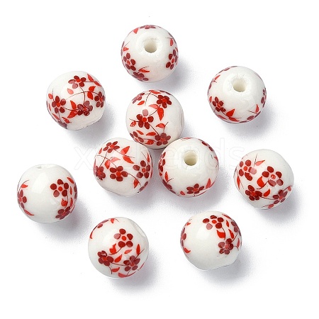 Handmade Printed Porcelain Round Beads PORC-YW0001-05F-1