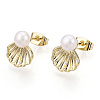 Brass Shell Shape & Natural Pearl Stud Earrings PEAR-N020-05H-3