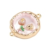 Brass Enamel & Natural Pearl Flat Round with Flower Connector Charms KK-K351-50G-02-2