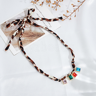 Alloy with Colorful Glass Pendant Polyester Collar Knot Tie Necklaces for Women NJEW-SP0001-17B-1