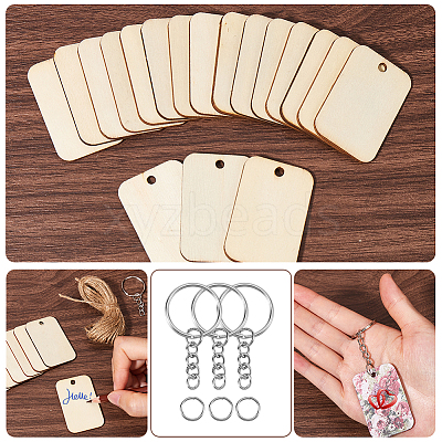 50Pcs Unfinished Natural Poplar Wood Pendants with 50Pcs Iron Split Key Rings with 50Pcs 304 Stainless Steel Jump Rings with 2 Bundle 2-Ply Jute Cord DIY-SP0001-67A-1