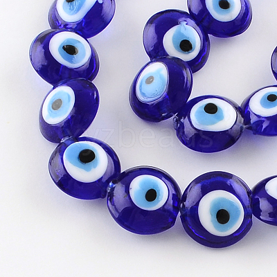 Flat Round Evil Eye Lampwork Bead Strands LAMP-R118-01-1
