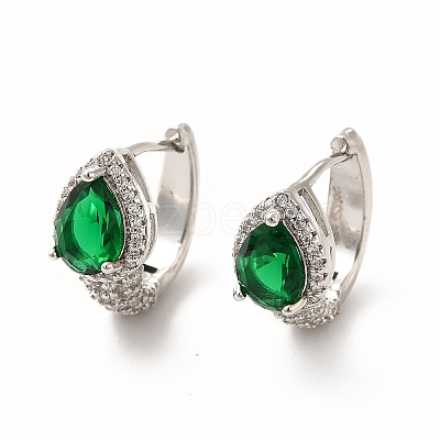 Green Cubic Zirconia Teardrop Hoop Earrings EJEW-H094-01P-1