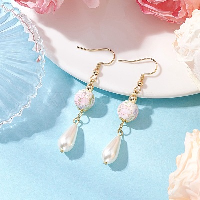 Round with Flower Pattern Porcelain Ceramic Dangle Earrings EJEW-JE06347-03-1